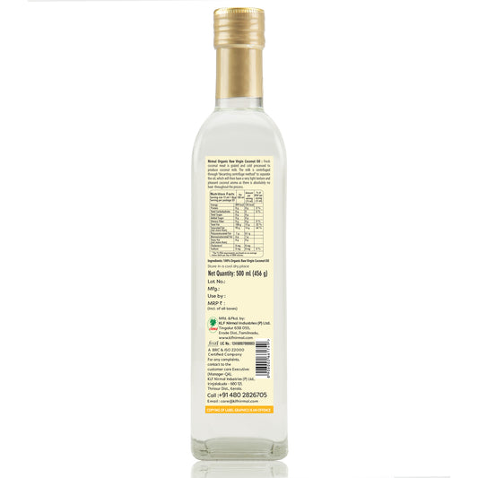 KLF Nirmal (Cold Pressed) Organic Raw Virgin Coconut Oil Glass Bottle — back of the product pack
