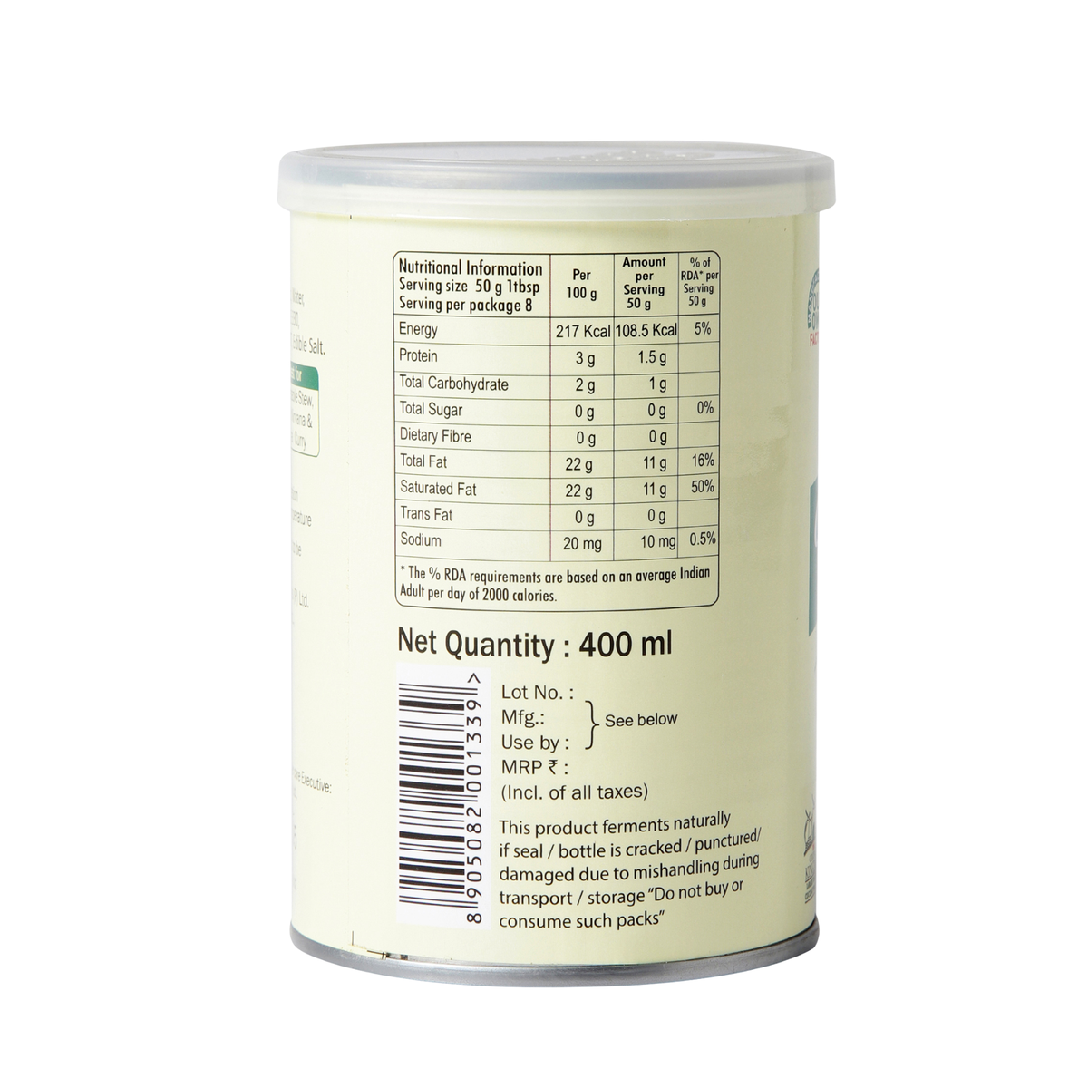 KLF Coconad Coconut Cream (22% coconut fat) — side of the product pack
