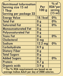 KLF Coconad Coconut Vinegar — nutrition information