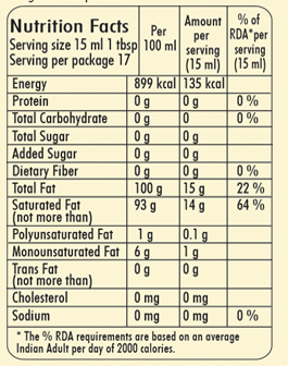 KLF Nirmal (Cold Pressed) Organic Raw Virgin Coconut Oil Glass Bottle — nutrition information