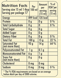 KLF Nirmal (Cold Pressed) Organic Raw Virgin Coconut Oil Glass Bottle — nutrition information