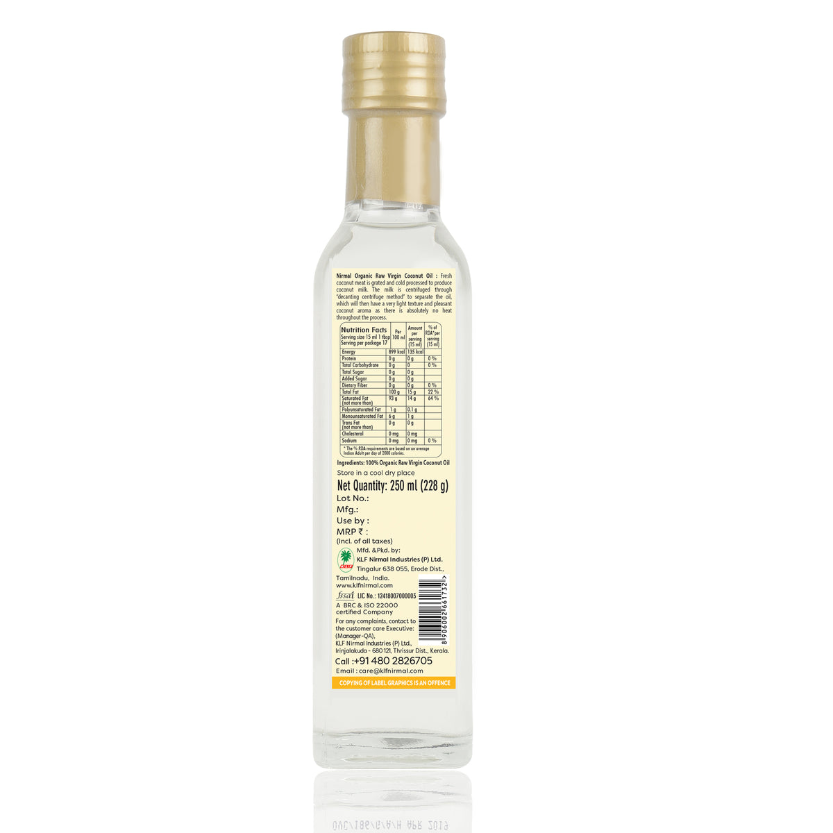 KLF Nirmal (Cold Pressed) Organic Raw Virgin Coconut Oil Glass Bottle — back of the product pack